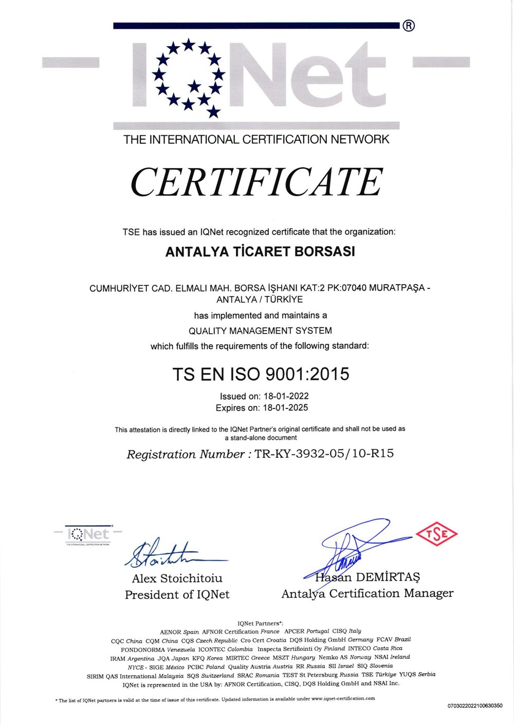 ISO 9001 Kalite Yönetim Sistemi Sertifikası