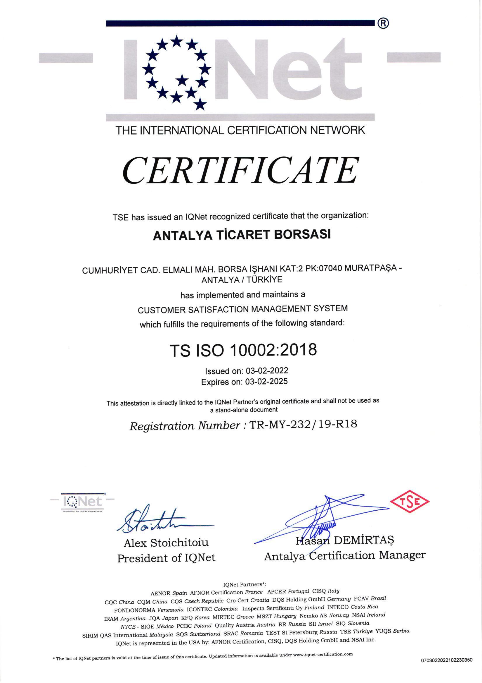 ISO 10001 Müşteri Memnuniyeti Yönetim Sistemi Sertifikası